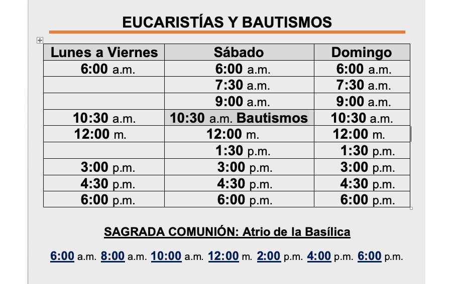 Horario de Eucaristías, Bautismos y Comunión